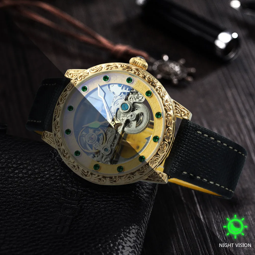 Golden Bridge Skeleton Automatic Mechanical Watch Engraved Case Luxury Green Diamond Luminous Hands Forsining Winding Watches for Men