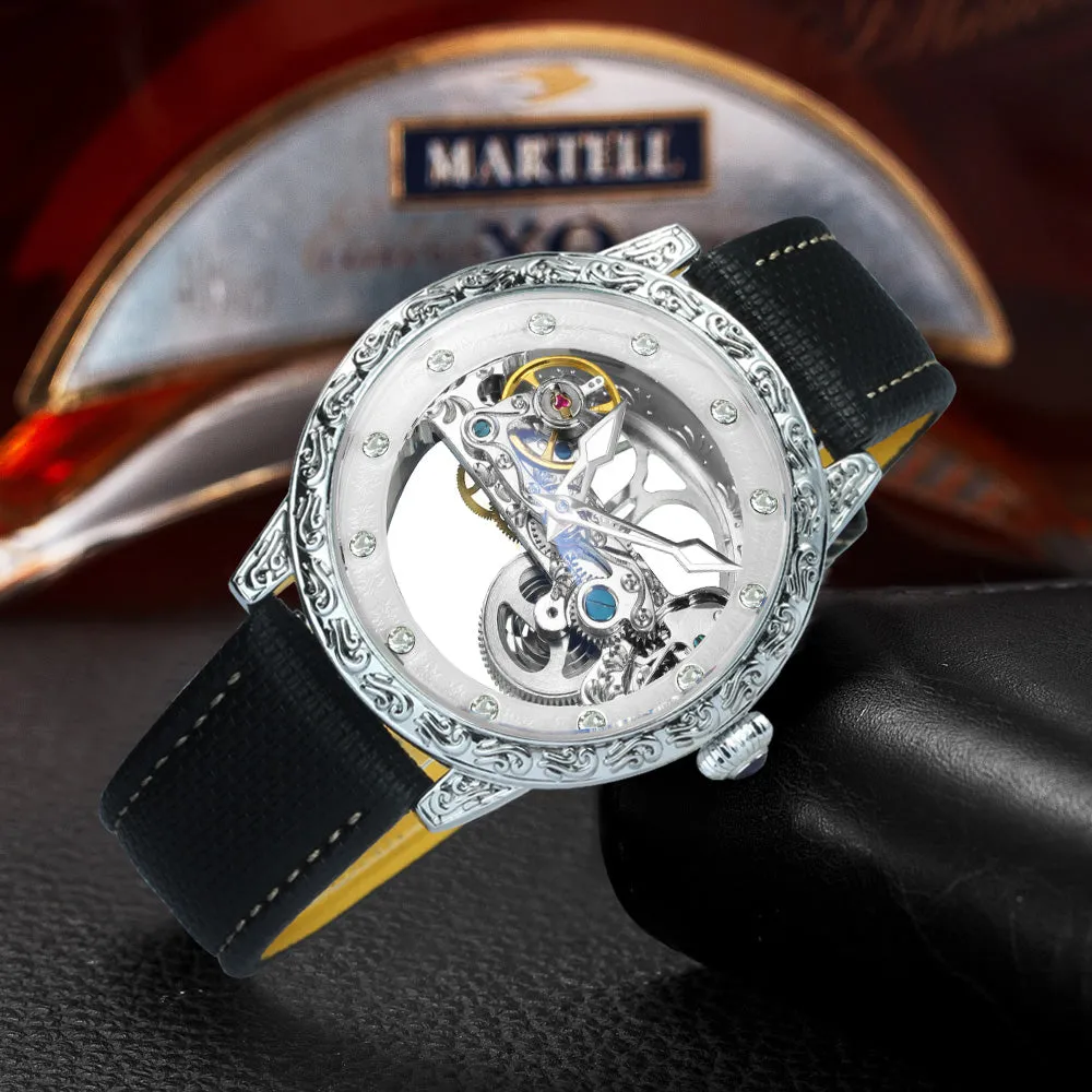 Golden Bridge Skeleton Automatic Mechanical Watch Engraved Case Luxury Green Diamond Luminous Hands Forsining Winding Watches for Men