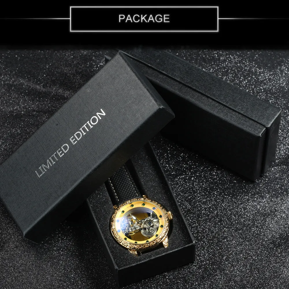 Golden Bridge Skeleton Automatic Mechanical Watch Engraved Case Luxury Green Diamond Luminous Hands Forsining Winding Watches for Men