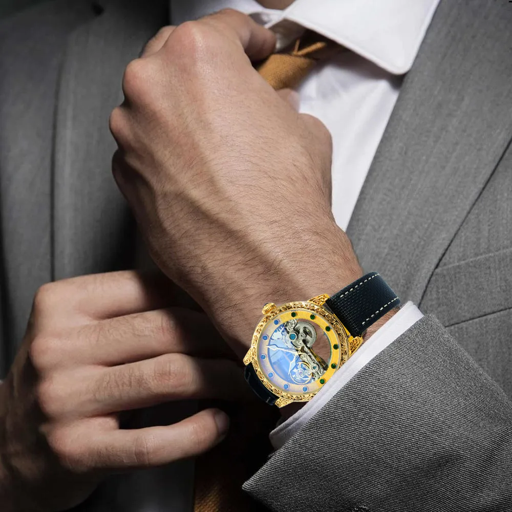 Golden Bridge Skeleton Automatic Mechanical Watch Engraved Case Luxury Green Diamond Luminous Hands Forsining Winding Watches for Men