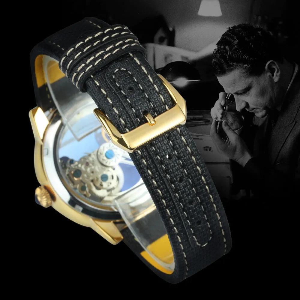 Golden Bridge Skeleton Automatic Mechanical Watch Engraved Case Luxury Green Diamond Luminous Hands Forsining Winding Watches for Men