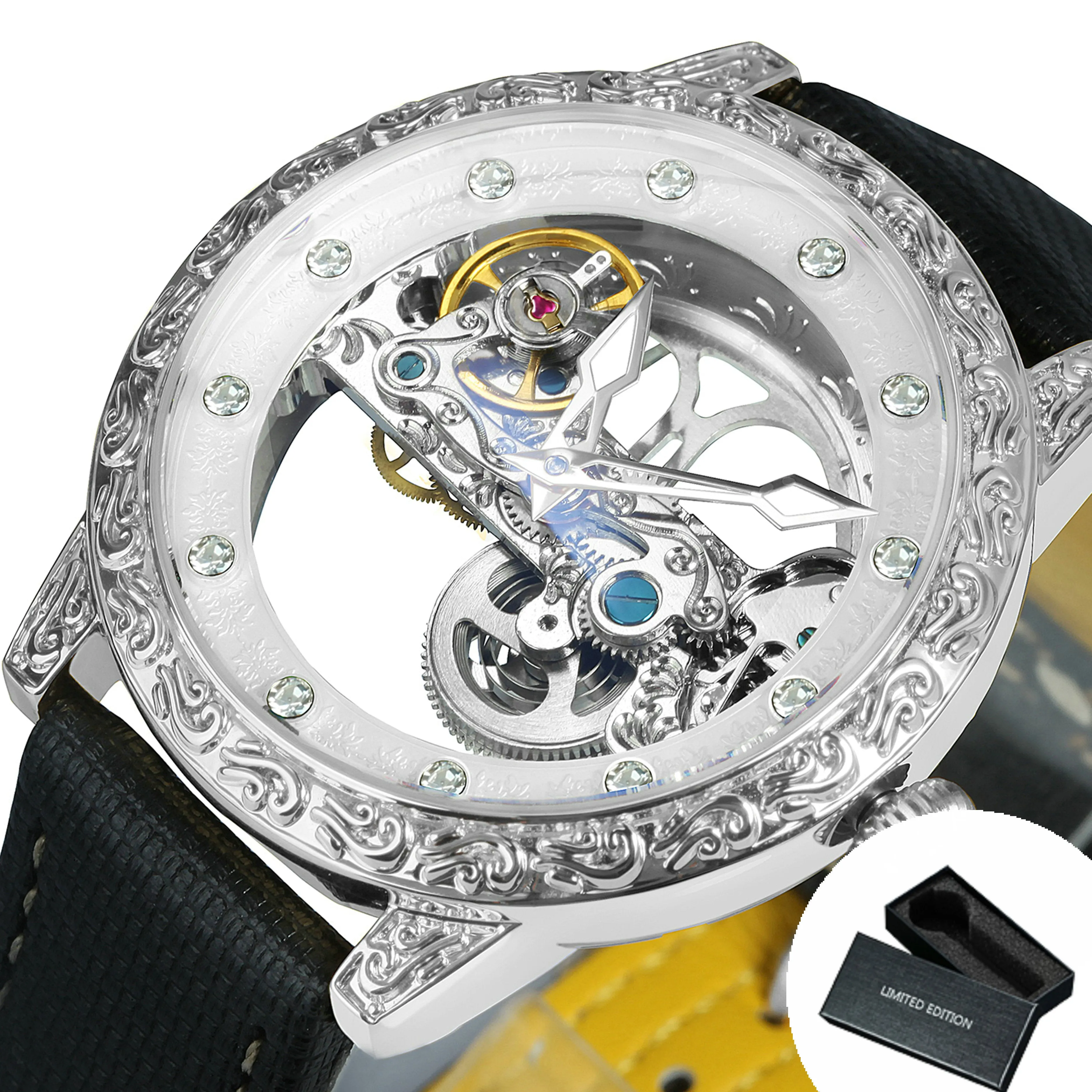 Golden Bridge Skeleton Automatic Mechanical Watch Engraved Case Luxury Green Diamond Luminous Hands Forsining Winding Watches for Men