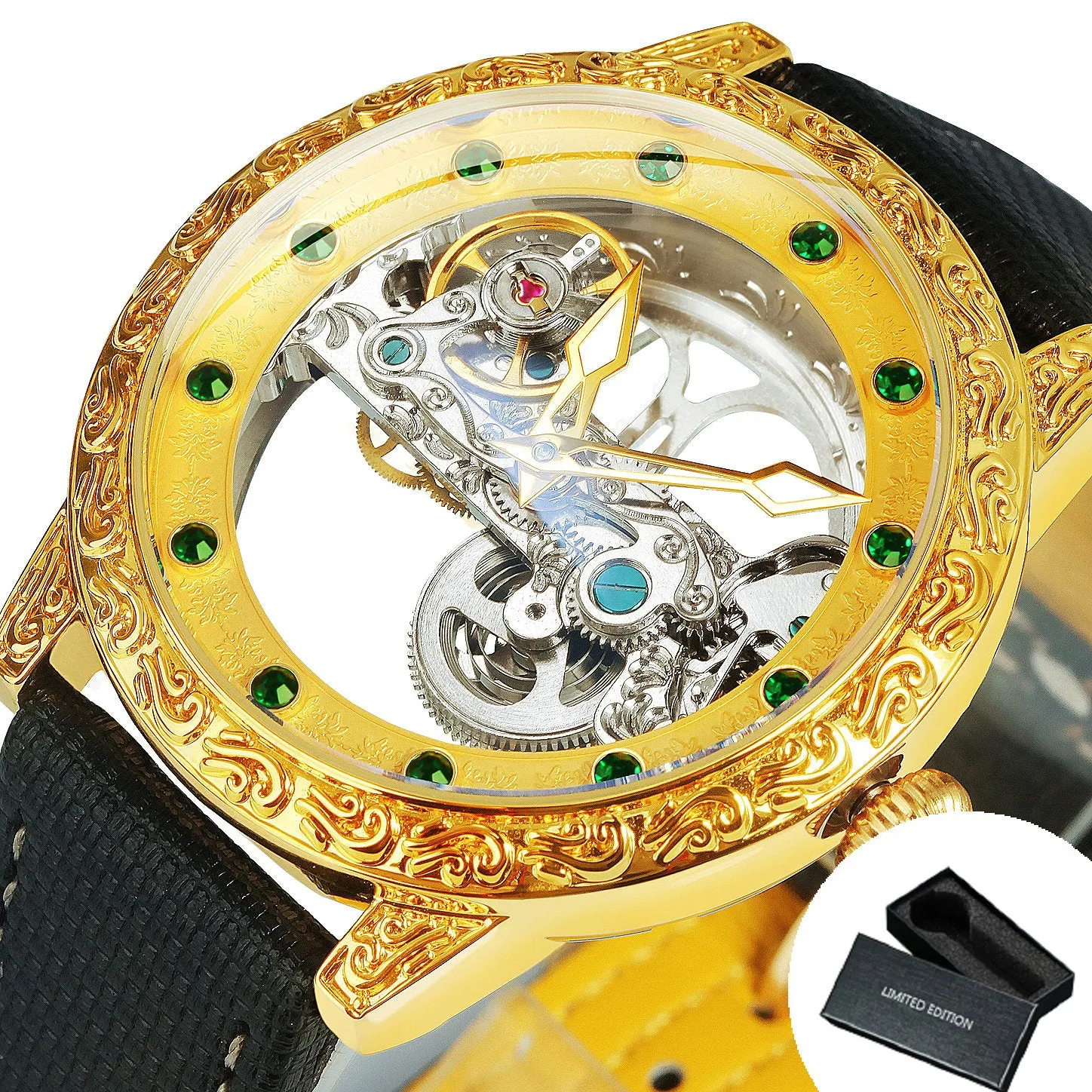Golden Bridge Skeleton Automatic Mechanical Watch Engraved Case Luxury Green Diamond Luminous Hands Forsining Winding Watches for Men