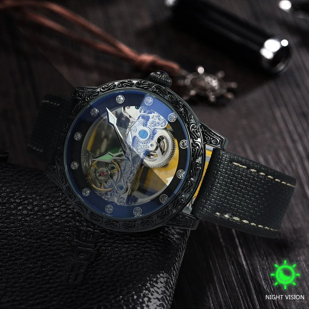 Golden Bridge Skeleton Automatic Mechanical Watch Engraved Case Luxury Green Diamond Luminous Hands Forsining Winding Watches for Men