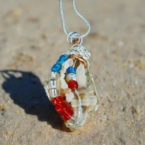 Handcrafted Natural Apple Murex Seashell Pendant - Silver Wire Wrapped with Red, White & Blue Glass Beads
