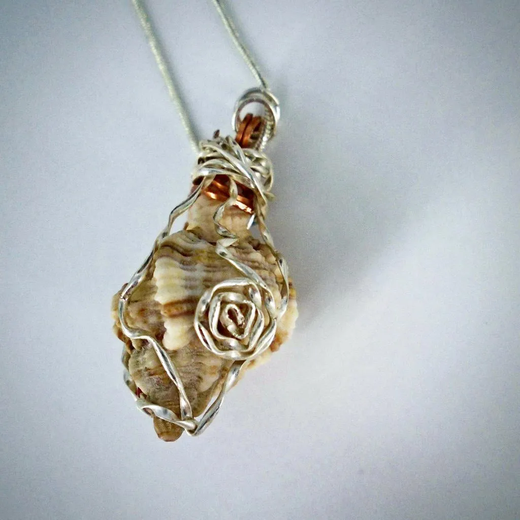 Handcrafted Natural Apple Murex Seashell Pendant - Silver Wire Wrapped with Red, White & Blue Glass Beads