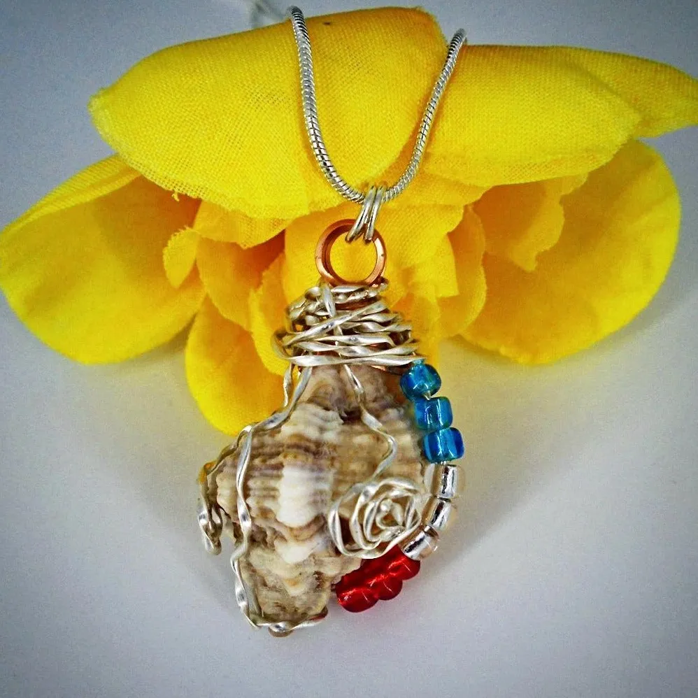 Handcrafted Natural Apple Murex Seashell Pendant - Silver Wire Wrapped with Red, White & Blue Glass Beads