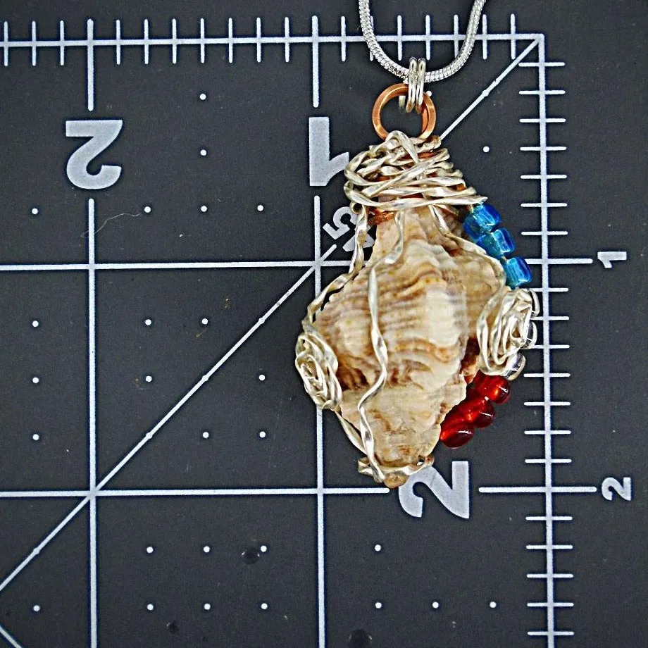 Handcrafted Natural Apple Murex Seashell Pendant - Silver Wire Wrapped with Red, White & Blue Glass Beads