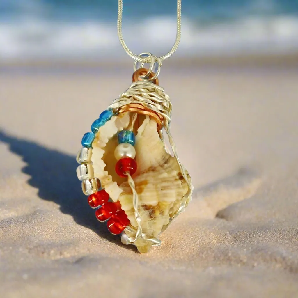 Handcrafted Natural Apple Murex Seashell Pendant - Silver Wire Wrapped with Red, White & Blue Glass Beads