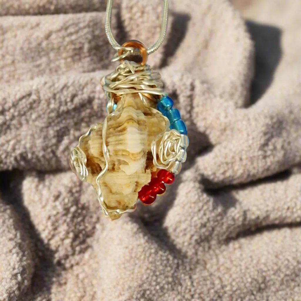Handcrafted Natural Apple Murex Seashell Pendant - Silver Wire Wrapped with Red, White & Blue Glass Beads