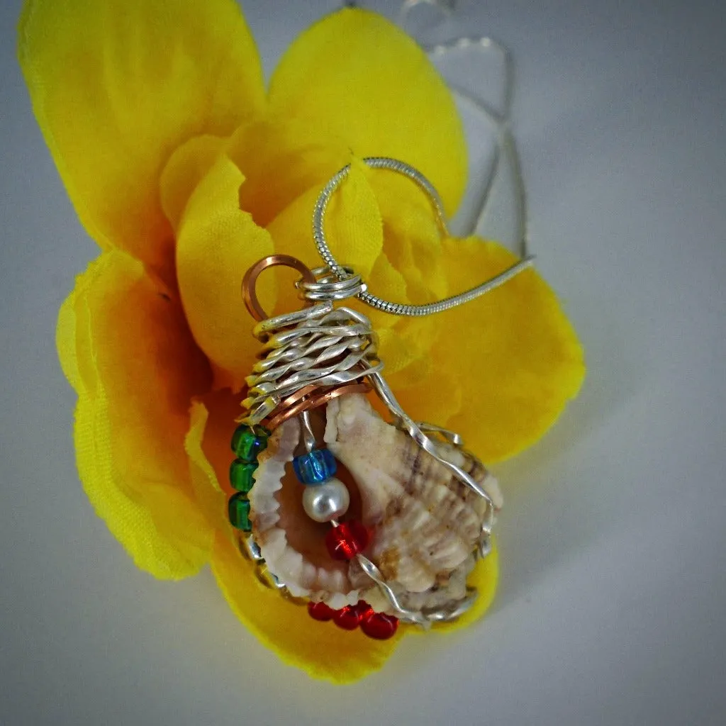 Handcrafted Natural Apple Murex Seashell Pendant - Silver Wire Wrapped with Red, White & Blue Glass Beads