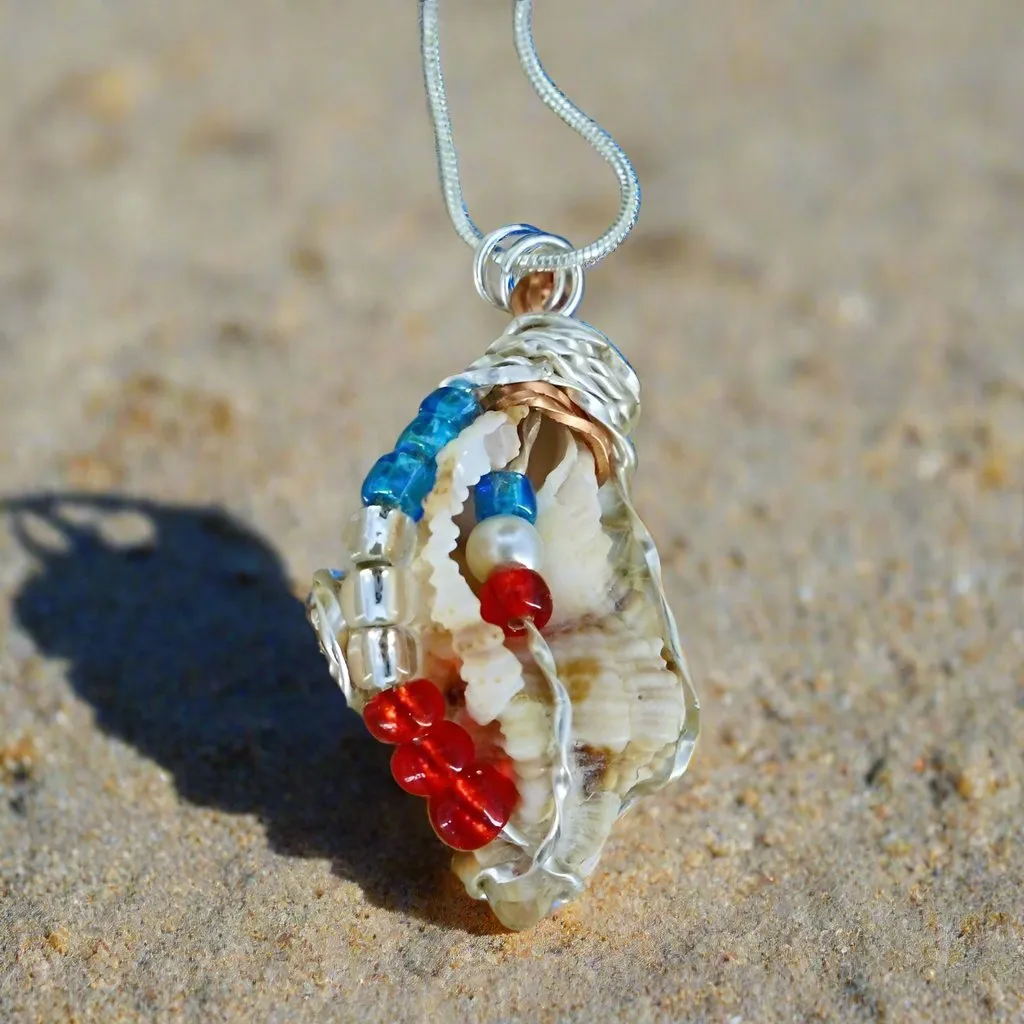 Handcrafted Natural Apple Murex Seashell Pendant - Silver Wire Wrapped with Red, White & Blue Glass Beads