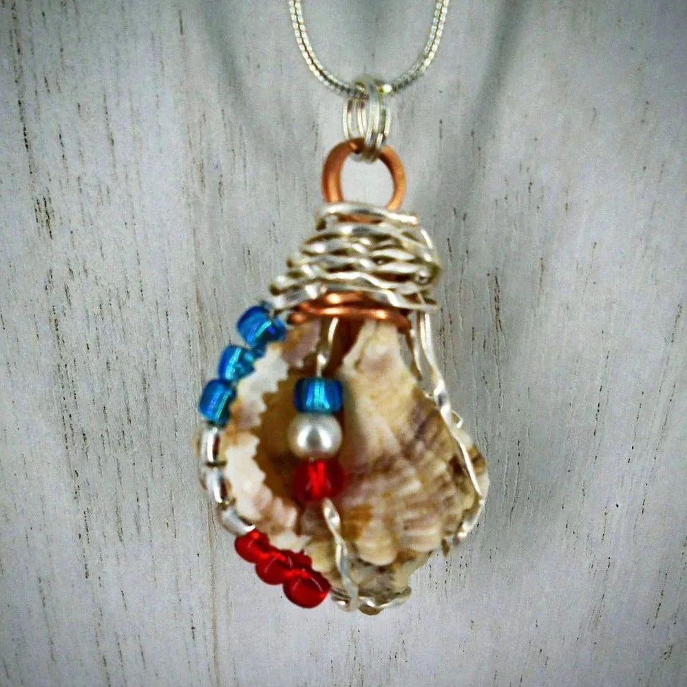 Handcrafted Natural Apple Murex Seashell Pendant - Silver Wire Wrapped with Red, White & Blue Glass Beads