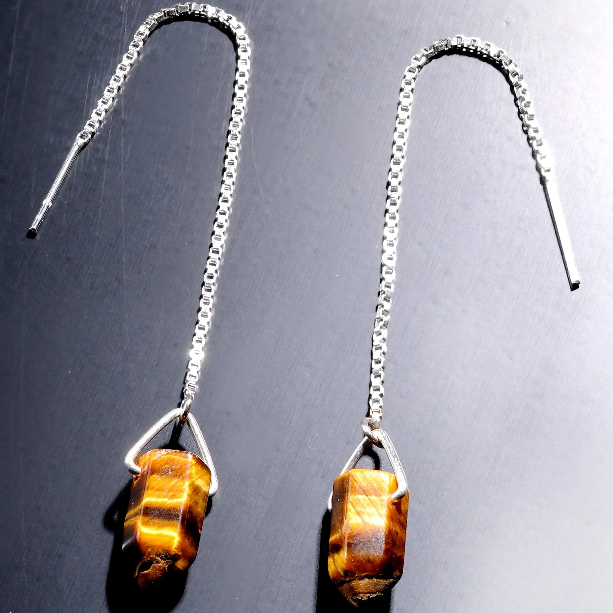 Handcrafted Tiger Eye  925 Sterling Silver Infinity Threader Earrings