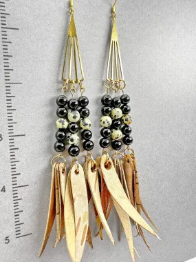 Indigenous Handcrafted Earrings - Birch Bark w/ Dalmation Jasper & Obsidian
