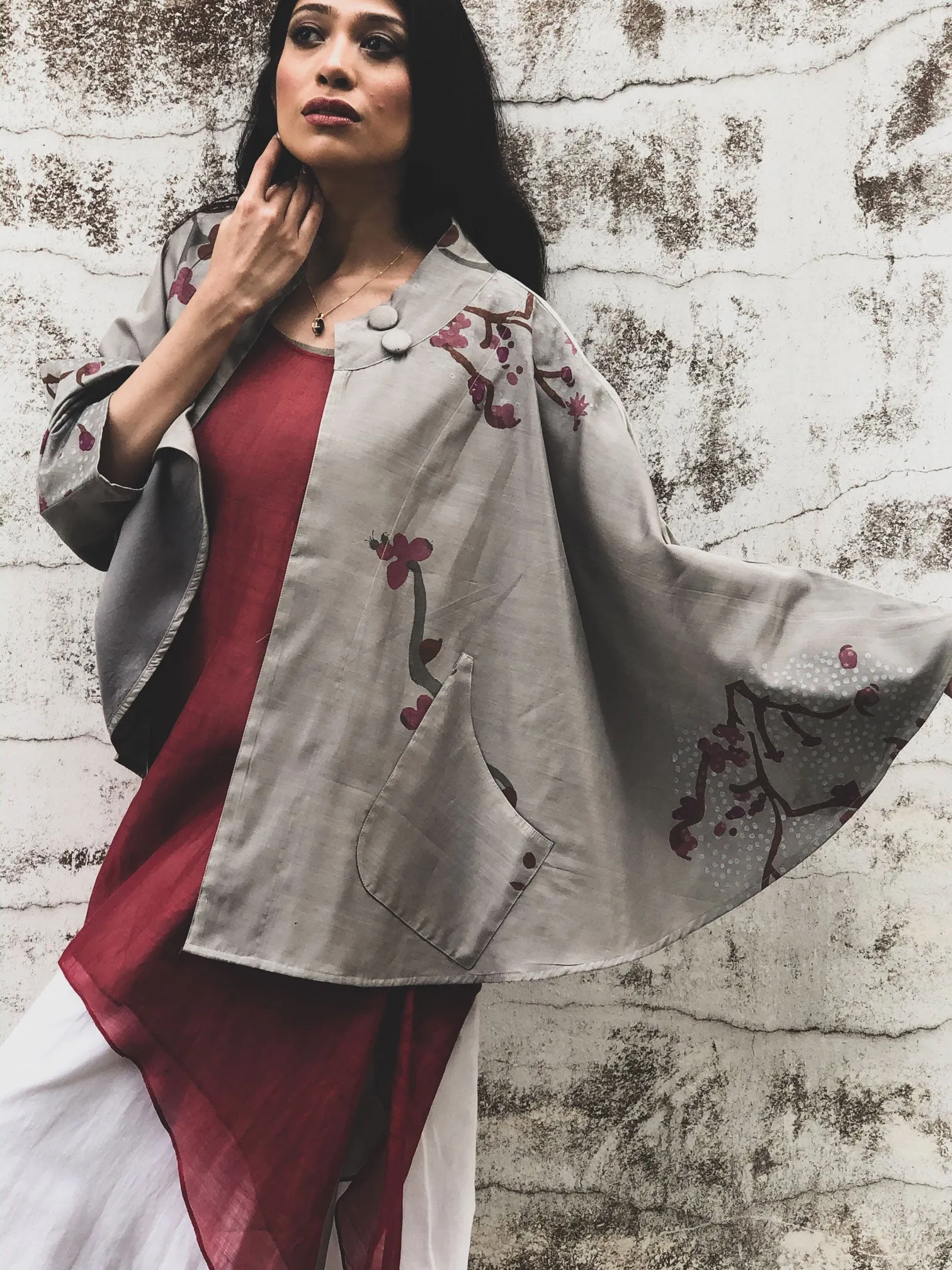 JACKET- ZEN GARDEN CHANDERI [COTTON-SILK MIX] BLOCK PRINTED GREY