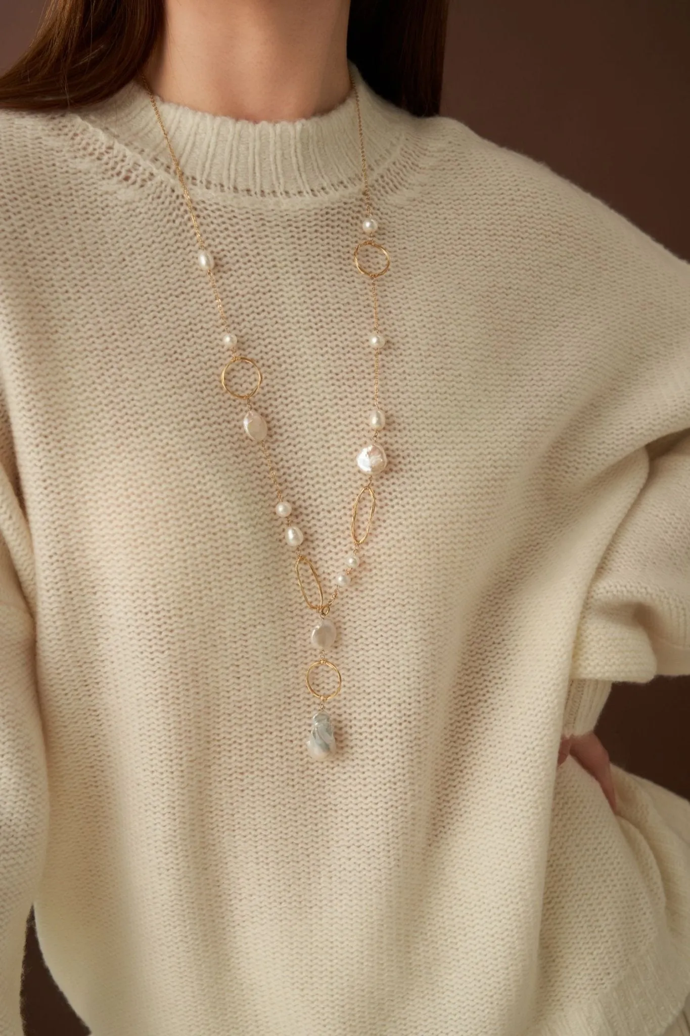 Miracle Baroque Series Pearl Long Necklace with Geometric Patterns/Sweater Chain