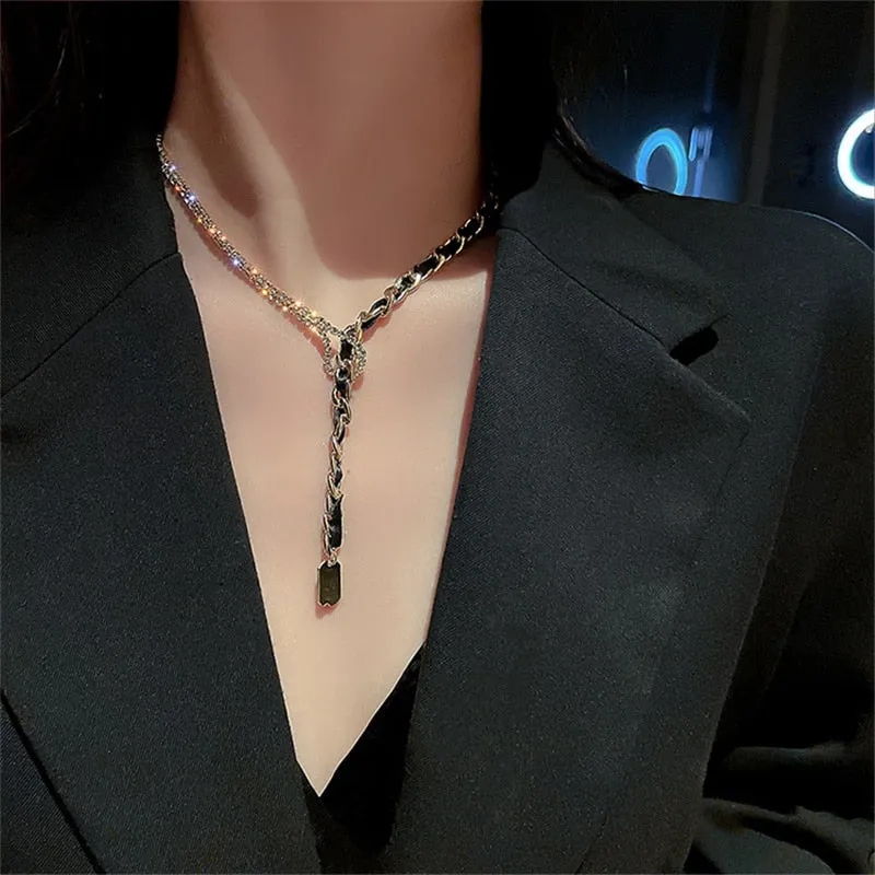 New Golden Chain Choker Necklaces for Women Long Tassel Rhinestones Necklaces