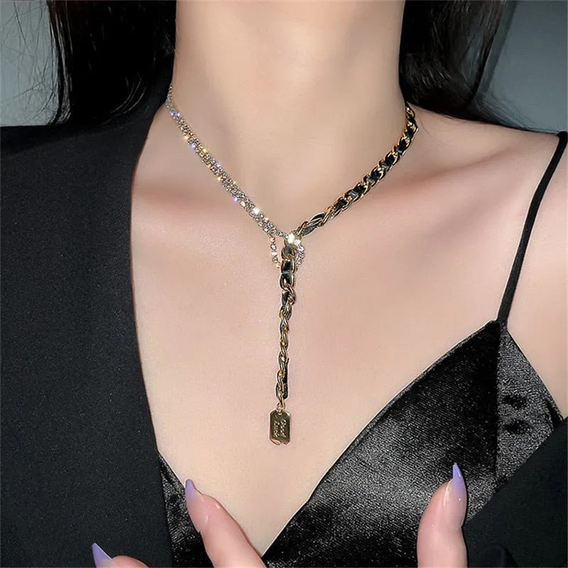 New Golden Chain Choker Necklaces for Women Long Tassel Rhinestones Necklaces