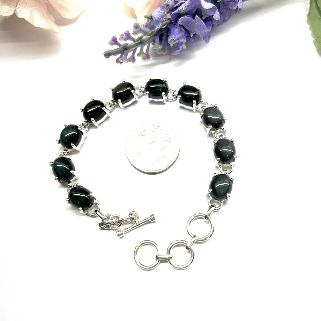 Obsidian & Silver Linked Tennis Bracelet (Protection & Grounding)