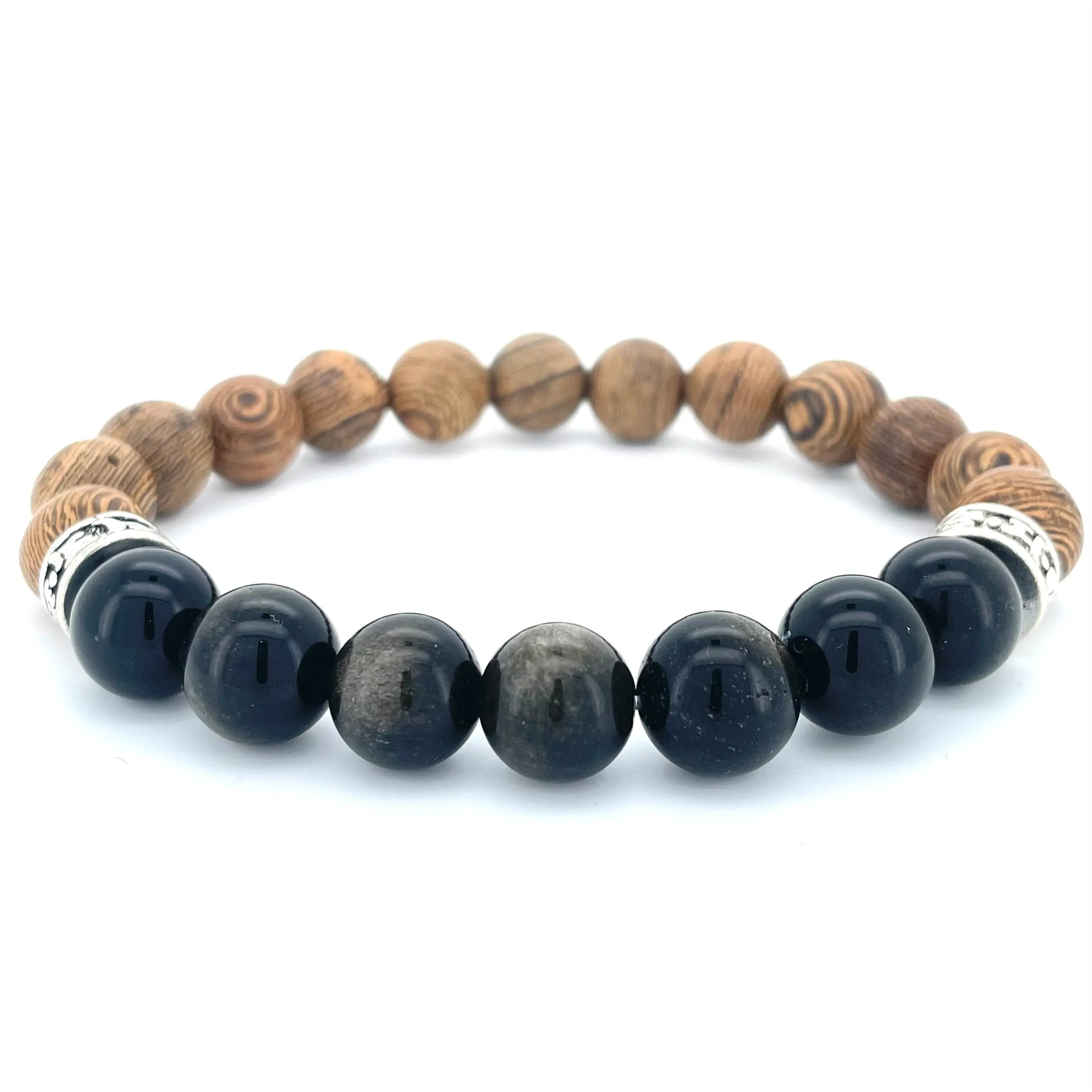 OBSIDIAN & WOOD BEADED BRACELET