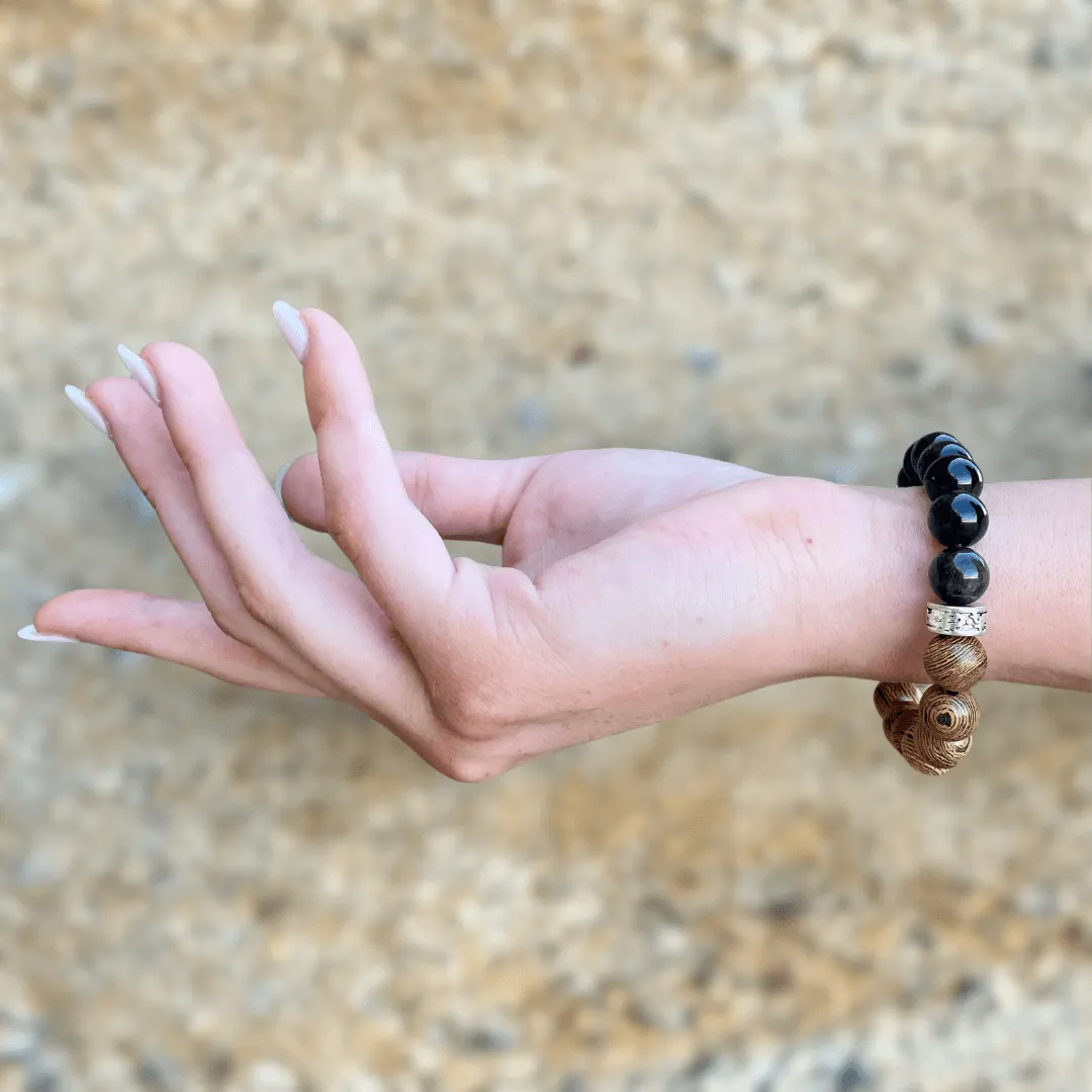 OBSIDIAN & WOOD BEADED BRACELET