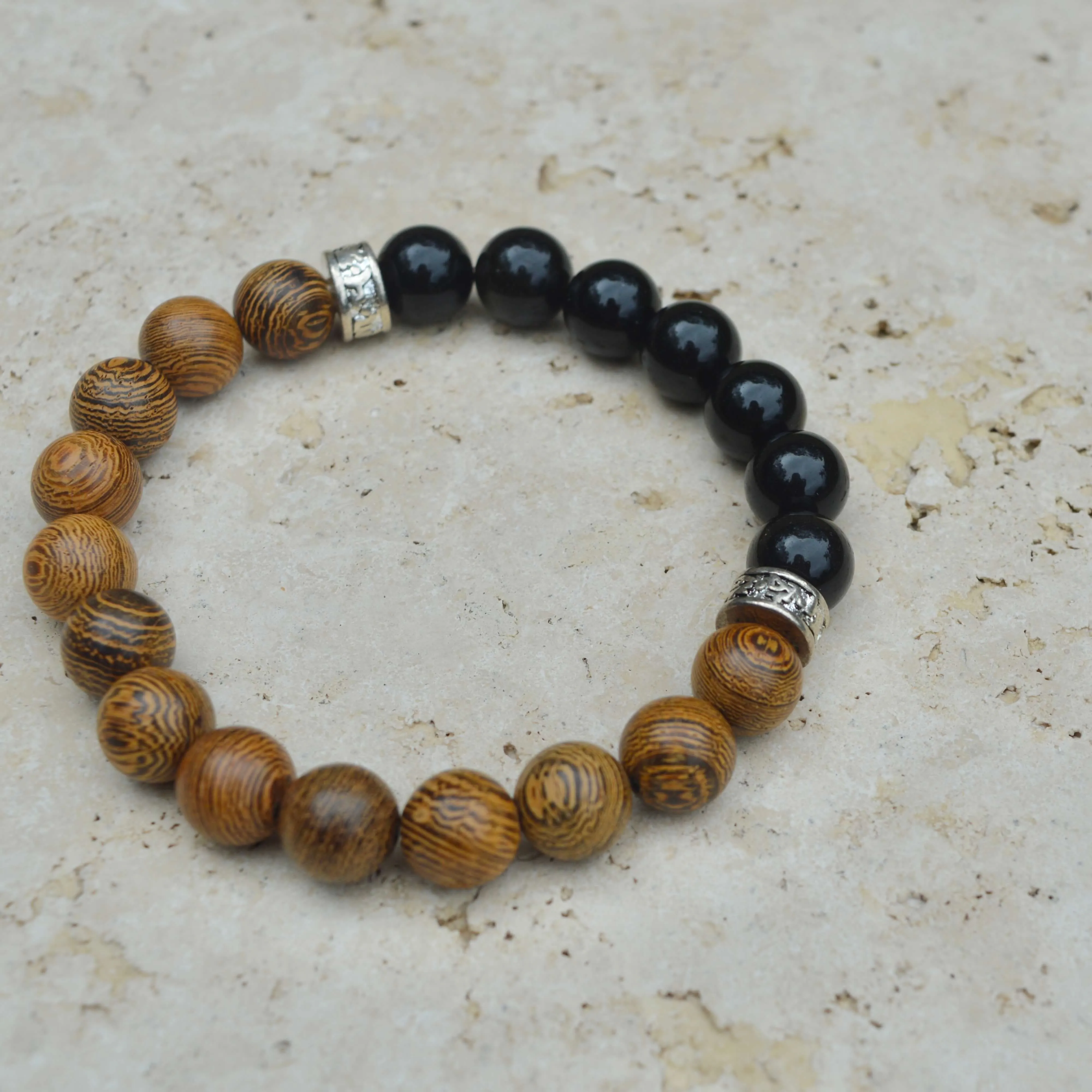 OBSIDIAN & WOOD BEADED BRACELET