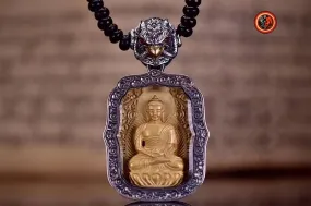 pendentif amulette de protection bouddhiste Bouddha Sakyamuni mala de prière et méditation 108 perles, argent 925 or 18K bélière Garuda