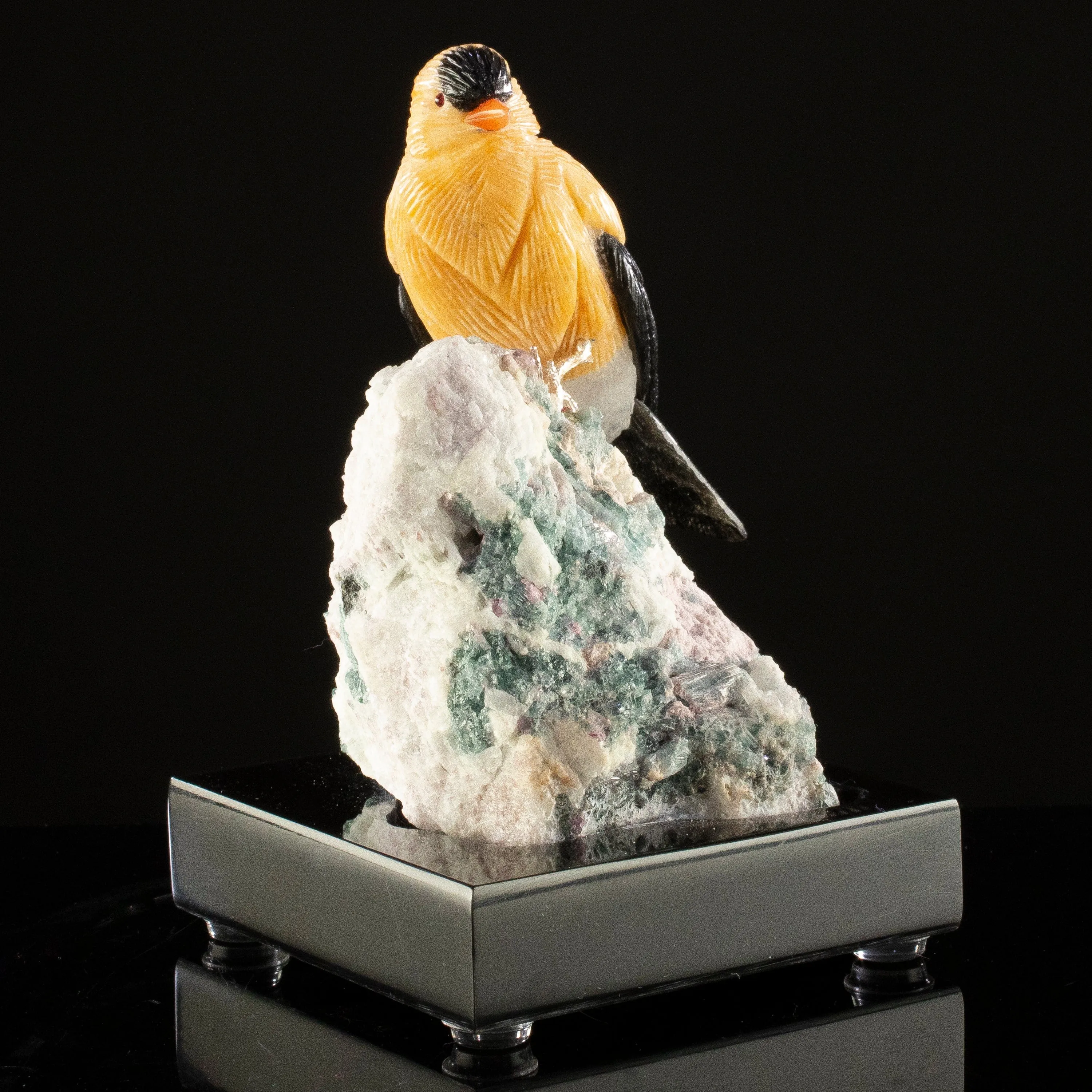 Peter Muller Dolomite & Obsidian Goldfinch Carving on Watermelon Tourmaline Base