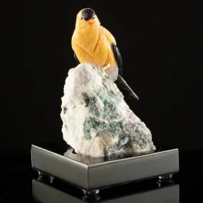Peter Muller Dolomite & Obsidian Goldfinch Carving on Watermelon Tourmaline Base