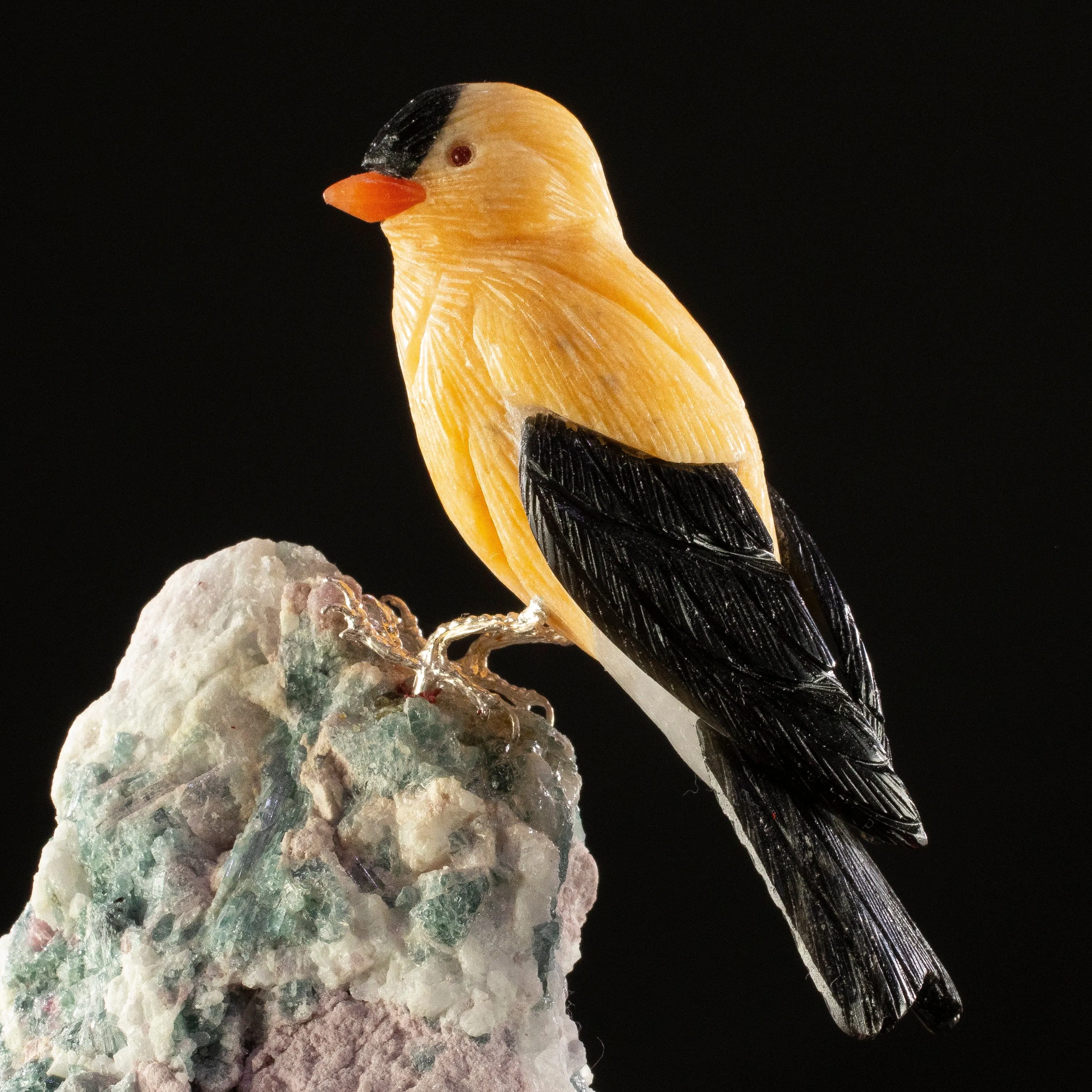 Peter Muller Dolomite & Obsidian Goldfinch Carving on Watermelon Tourmaline Base