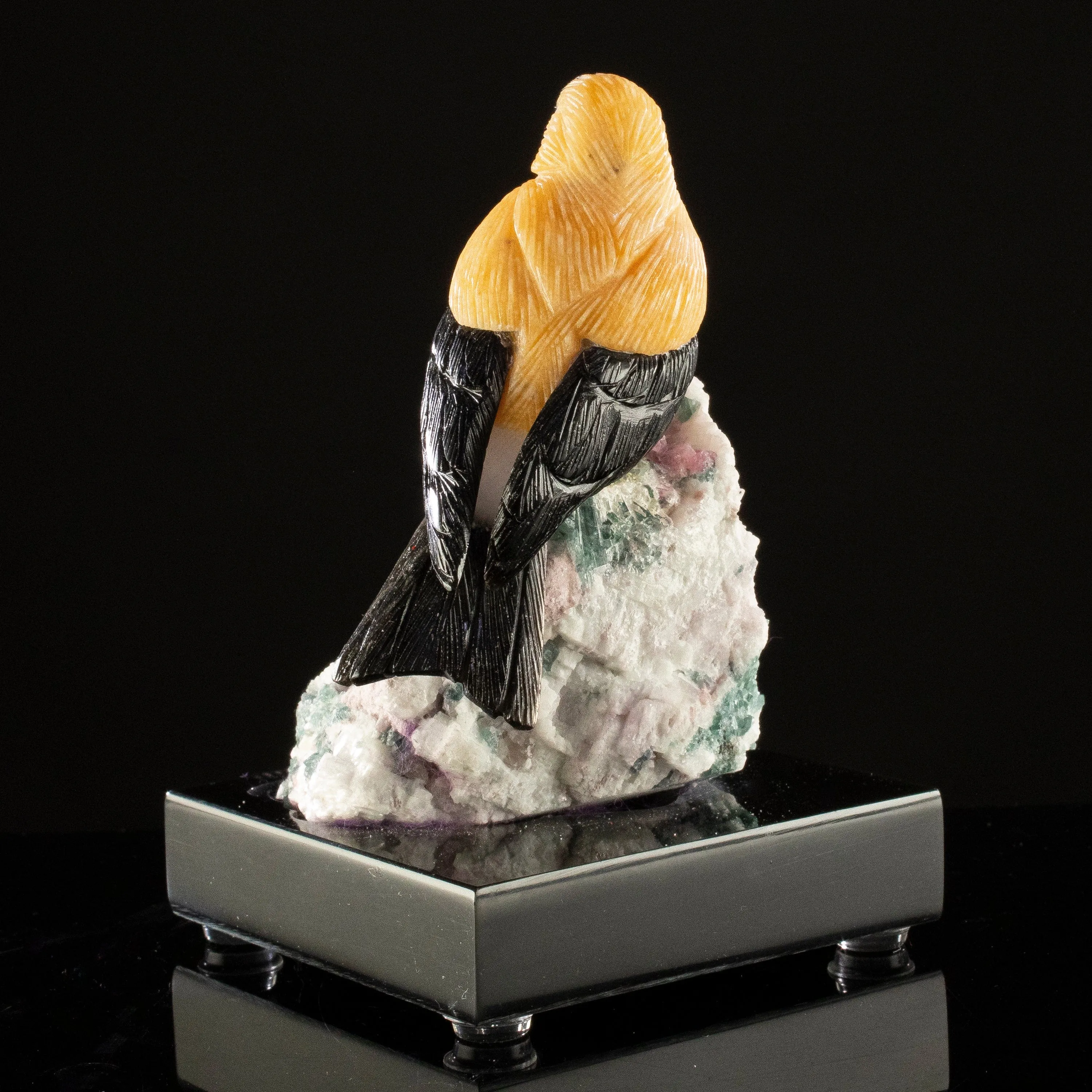 Peter Muller Dolomite & Obsidian Goldfinch Carving on Watermelon Tourmaline Base