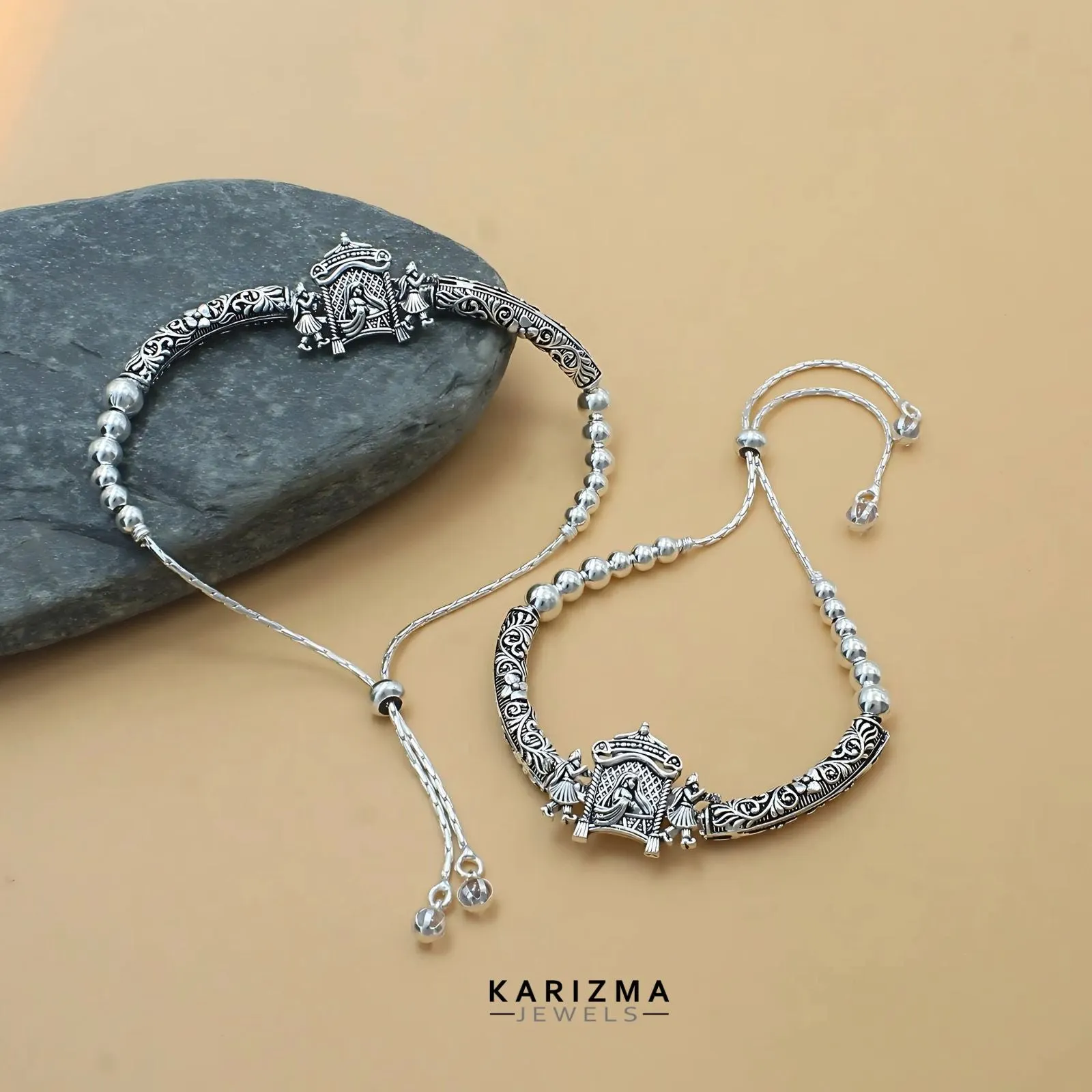 Real Sterling Silver women amazing brides collection Oxidized Anklet Pair