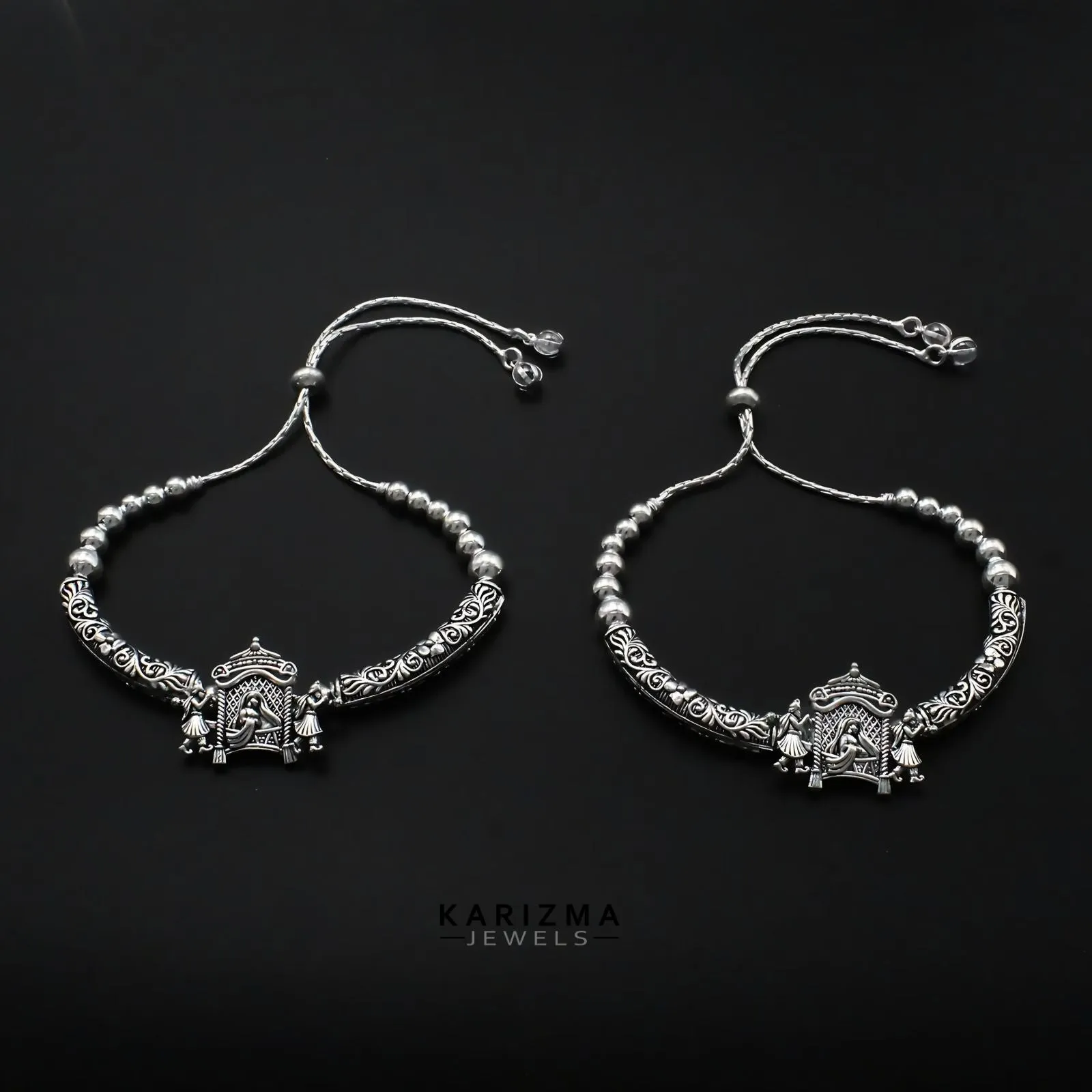 Real Sterling Silver women amazing brides collection Oxidized Anklet Pair