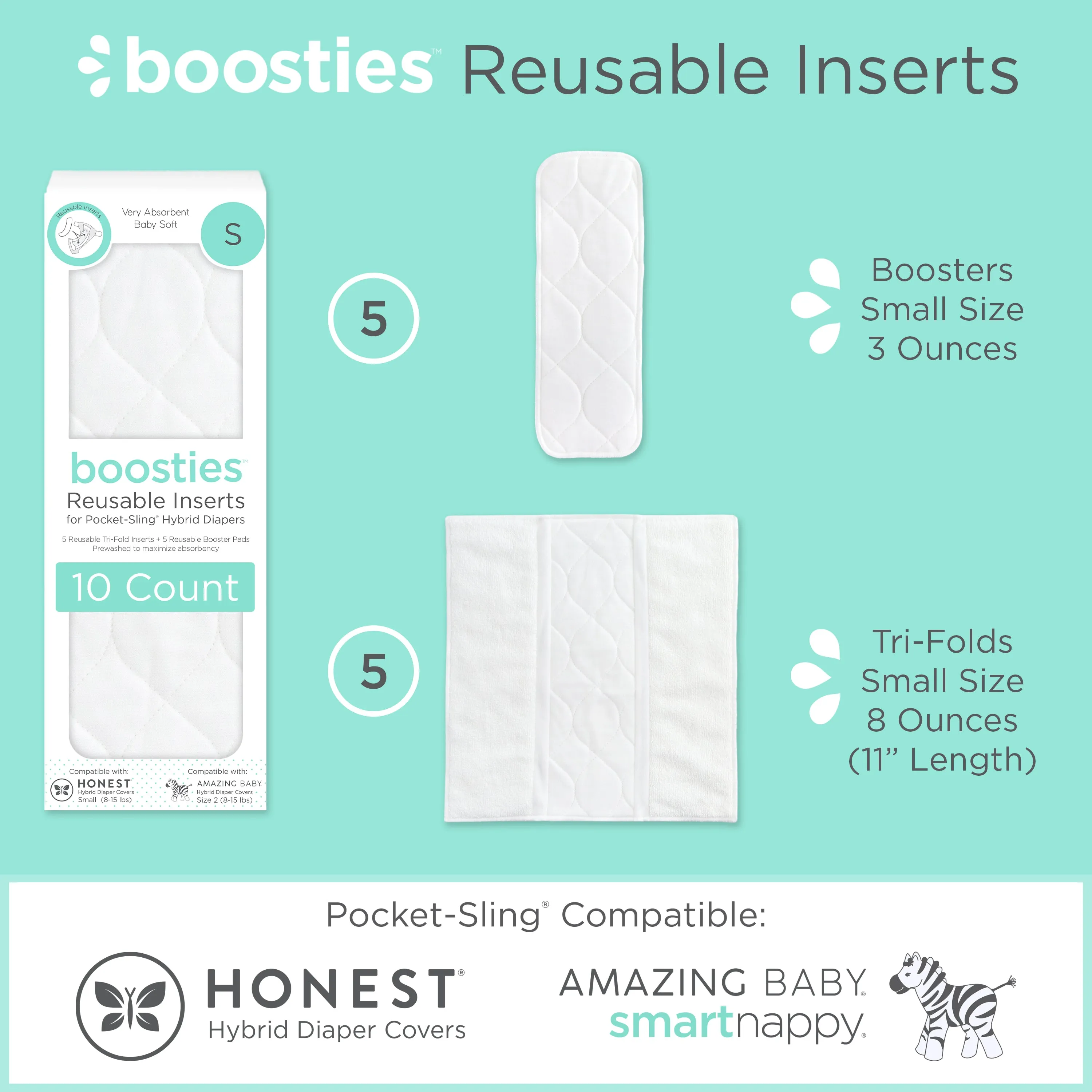 REUSABLE Inserts for Honest® Hybrid & Amazing Baby Hybrid Cloth Diaper Covers: 5 Tri-Fold Inserts   5 Boosters, Size 2 / Small