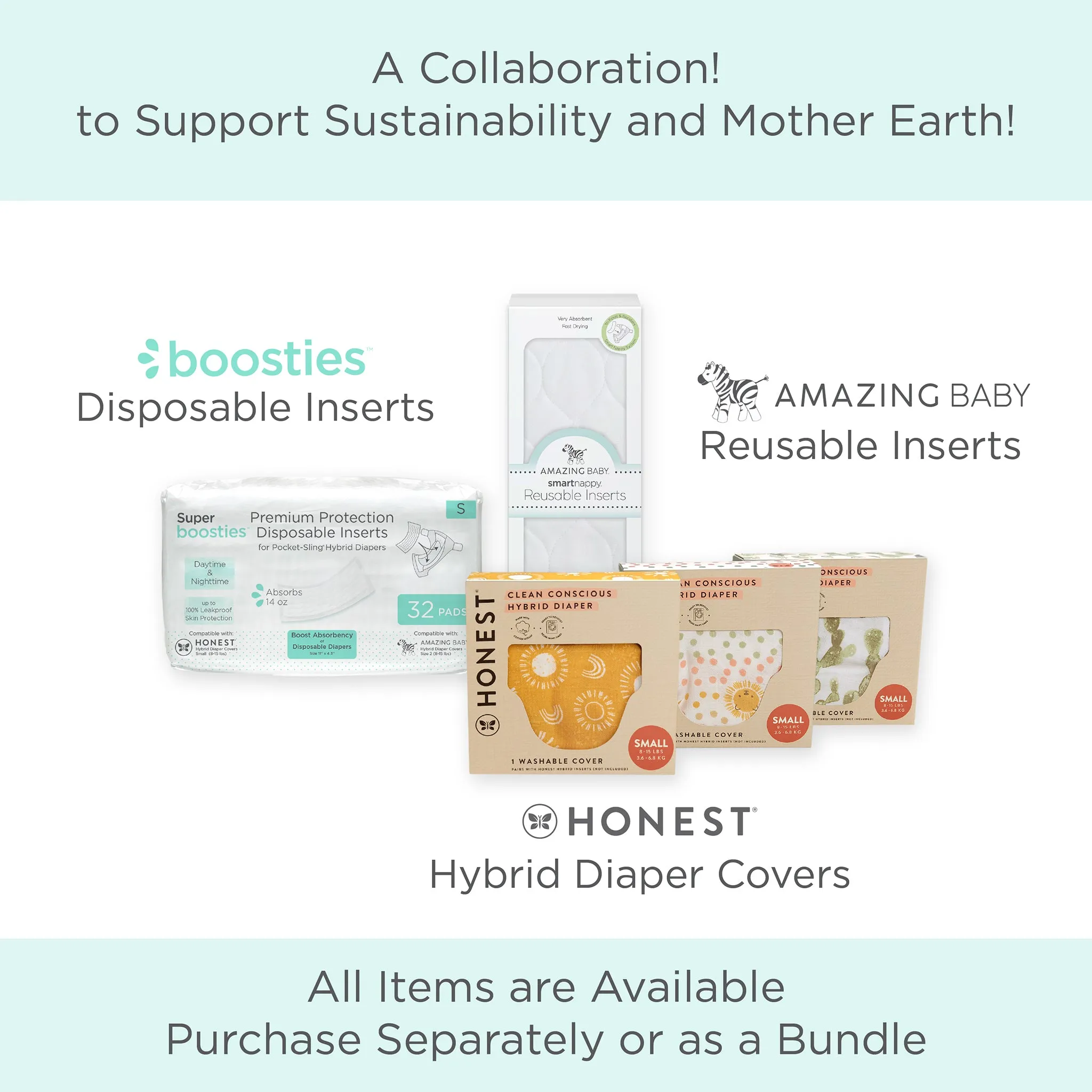 REUSABLE Inserts for Honest® Hybrid & Amazing Baby Hybrid Cloth Diaper Covers: 5 Tri-Fold Inserts   5 Boosters, Size 2 / Small