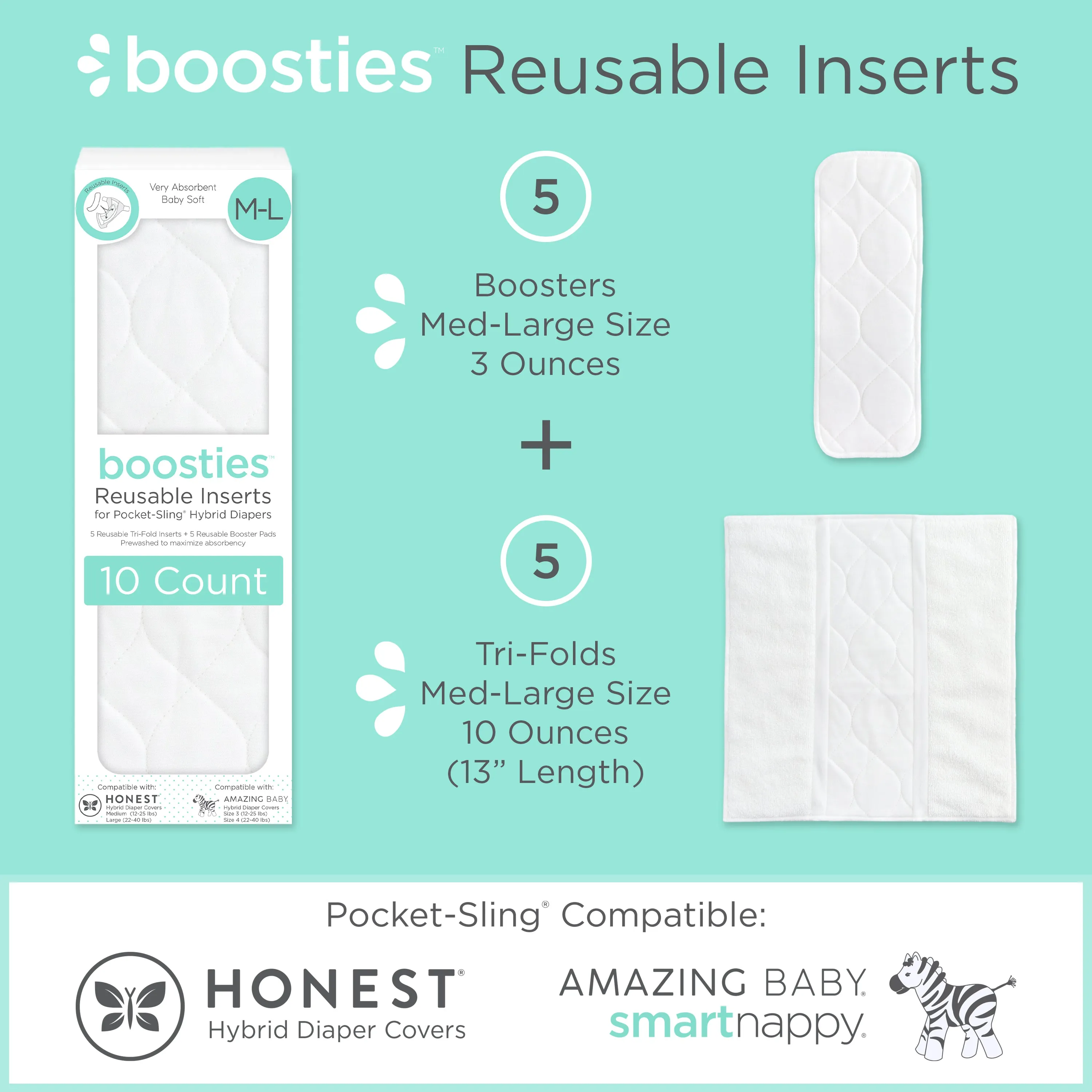 REUSABLE Inserts for Honest® Hybrid & Amazing Baby Hybrid Cloth Diaper Covers: 5 Tri-Fold Inserts   5 Boosters, Size 3-4 / Medium/Large