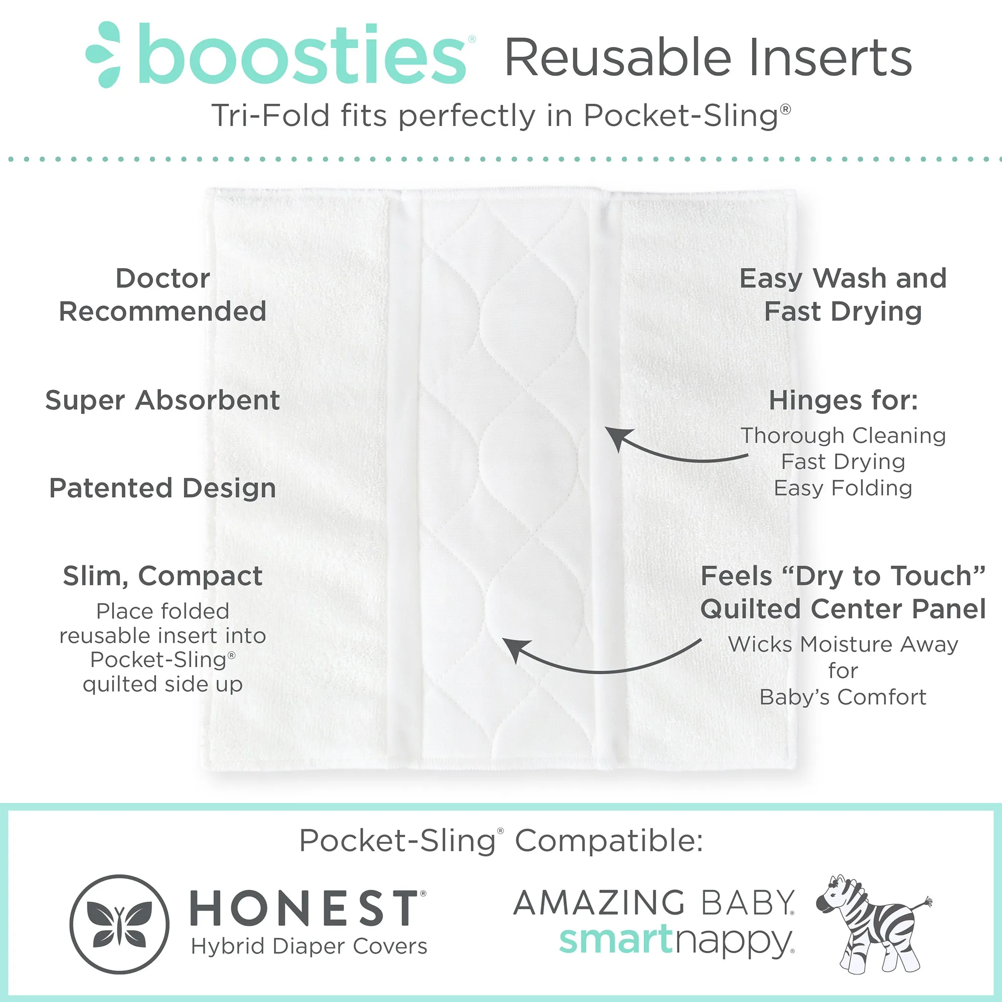 REUSABLE Inserts for Honest® Hybrid & Amazing Baby Hybrid Cloth Diaper Covers: 5 Tri-Fold Inserts   5 Boosters, Size 3-4 / Medium/Large