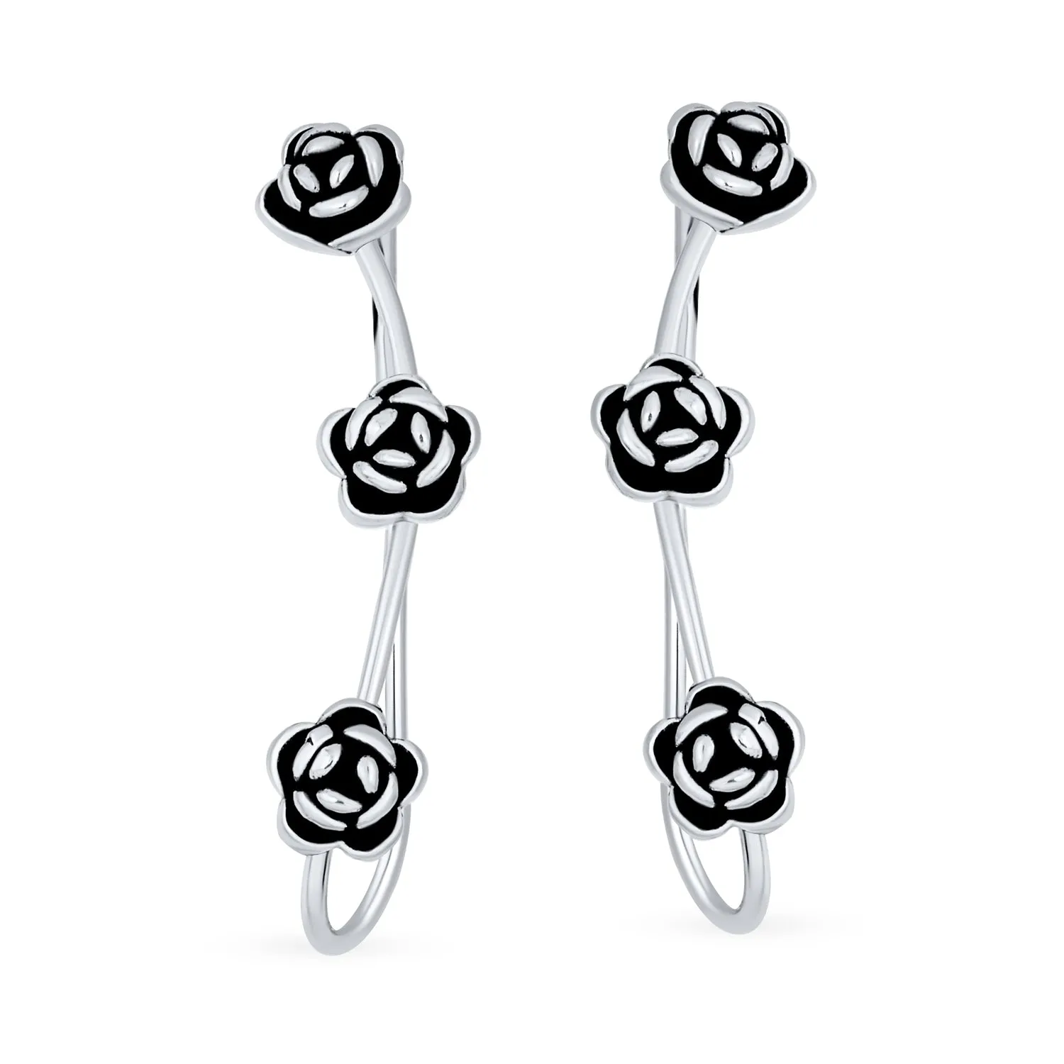 Romantic Retro 3D Flower Ear Cuff Cartilage with Three Roses in Sterling Silver