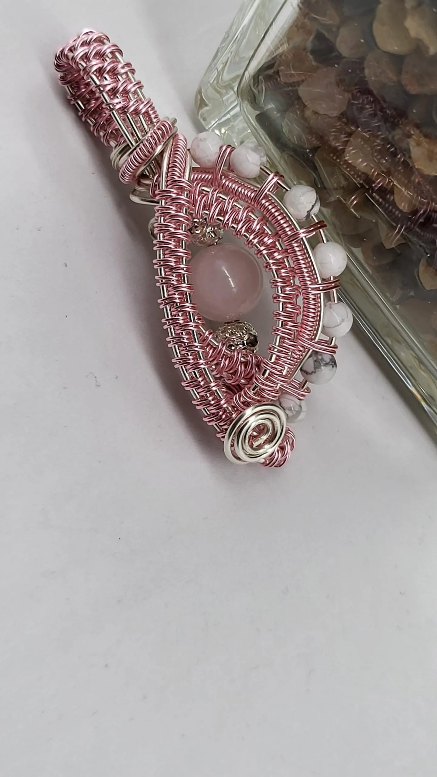 Rose Quartz Wire Wrapped Pink And Silver Pendant