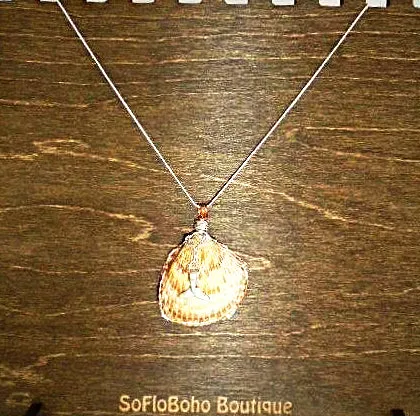 Sassy Handmade Cockle Seashell Pendant Necklace with Silver & Copper Wrap on Black Leather