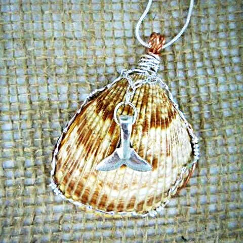 Sassy Handmade Cockle Seashell Pendant Necklace with Silver & Copper Wrap on Black Leather