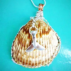 Sassy Handmade Cockle Seashell Pendant Necklace with Silver & Copper Wrap on Black Leather
