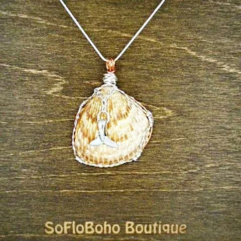 Sassy Handmade Cockle Seashell Pendant Necklace with Silver & Copper Wrap on Black Leather