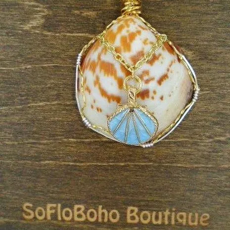 Seashell American Bittersweet Clam  Handmade Pendant-White/Brown Colored-Turquoise-Gold Seashell Charm-Wire Wrapped-Beach Boho