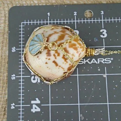 Seashell American Bittersweet Clam  Handmade Pendant-White/Brown Colored-Turquoise-Gold Seashell Charm-Wire Wrapped-Beach Boho