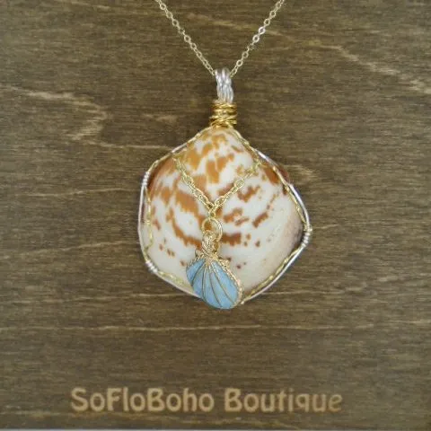 Seashell American Bittersweet Clam  Handmade Pendant-White/Brown Colored-Turquoise-Gold Seashell Charm-Wire Wrapped-Beach Boho