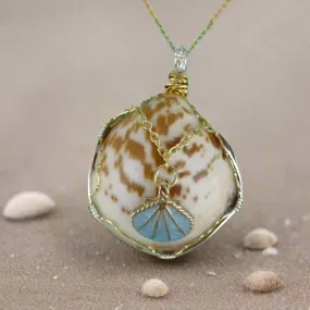 Seashell American Bittersweet Clam  Handmade Pendant-White/Brown Colored-Turquoise-Gold Seashell Charm-Wire Wrapped-Beach Boho