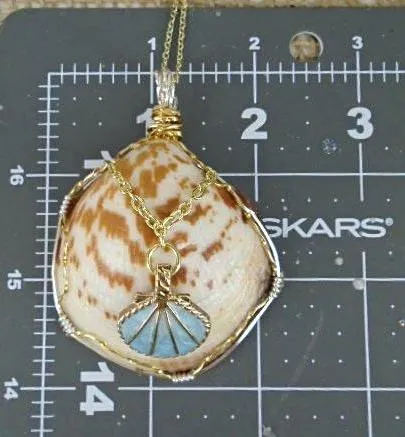Seashell American Bittersweet Clam  Handmade Pendant-White/Brown Colored-Turquoise-Gold Seashell Charm-Wire Wrapped-Beach Boho