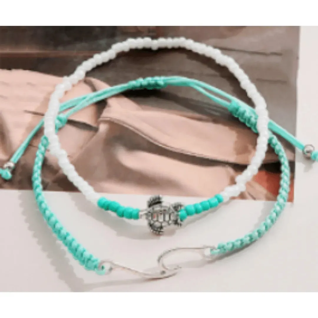 Set Of 2 Aqua Wave & Turtle Anklets